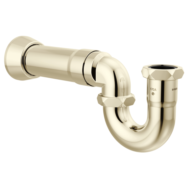 Polished nickel P-trap with curved bend, wall flange, and decorative collar nuts.