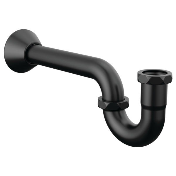 Black metal P-trap with wall-mounted flange and threaded connection port on right side.