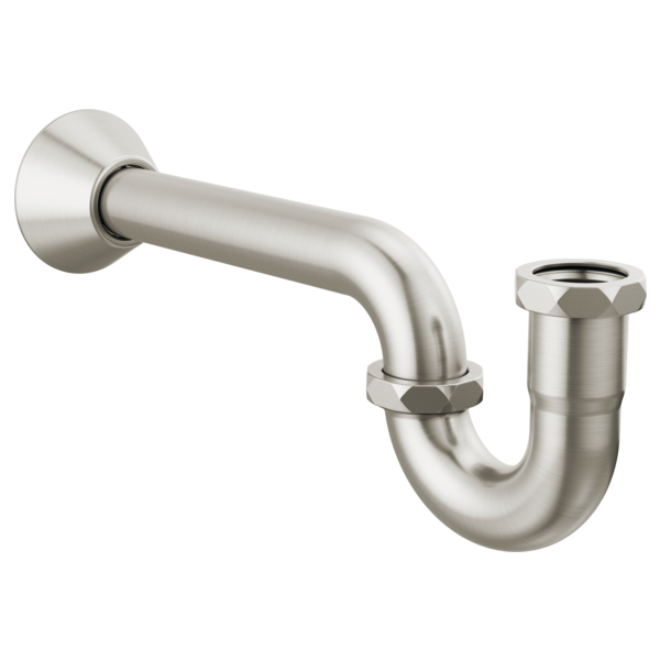 Brushed nickel P-trap with wall-mounted flange and removable drain connection.