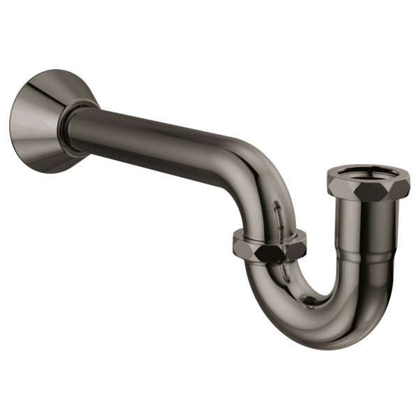 Brushed nickel P-trap pipe assembly with wall-mounted flange and vertical outlet, 20-gauge construction.