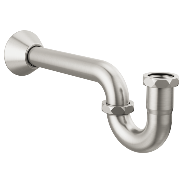 Brushed nickel P-trap with wall-mounted flange and slip nuts for drain connection.