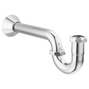 Polished chrome P-trap with circular wall flange and vertical drain outlet, 20-gauge construction.