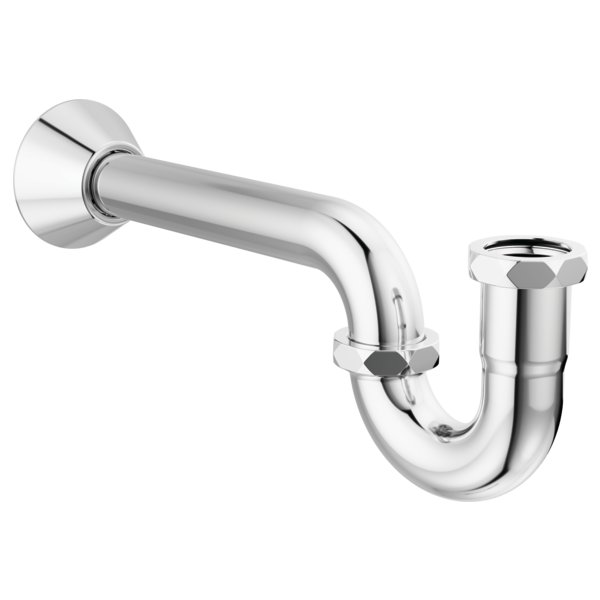 Polished chrome P-trap with circular wall flange and vertical drain outlet, 20-gauge construction.