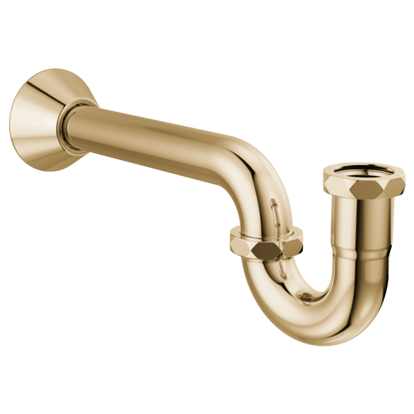 Polished brass P-trap with wall-mounted flange and adjustable slip nuts for sink drain installation.