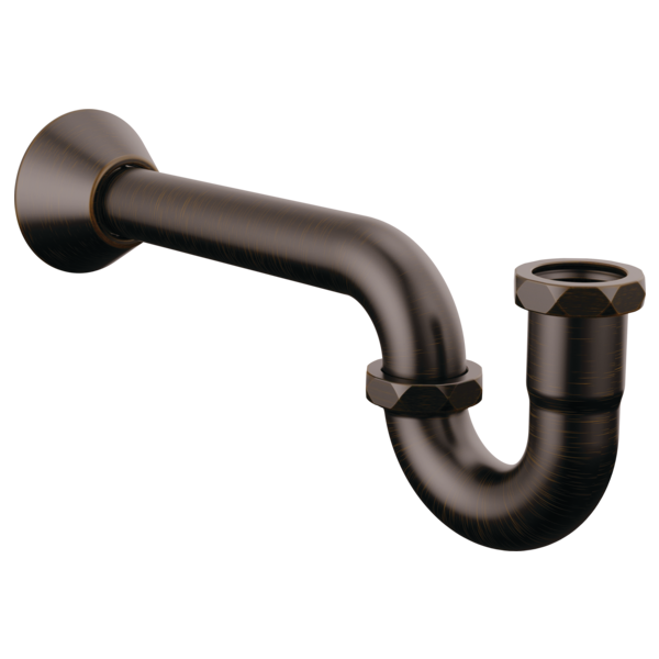 Oil-rubbed bronze P-trap with circular wall flange and removable bottom section for drain connection.