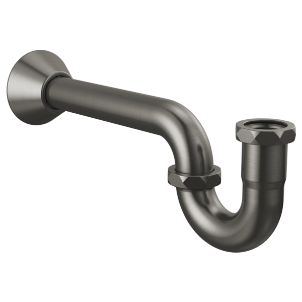 Brushed nickel P-trap with wall-mounted flange and drain outlet connection.