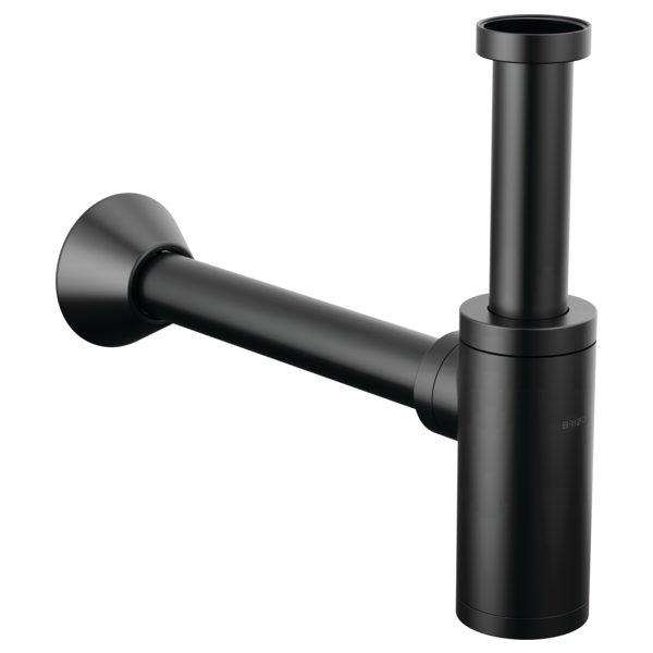 Black metal bottle trap with cylindrical body, flange collar, and curved outlet arm with wall-mounted escutcheon.