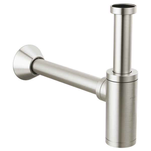 Stainless steel bottle trap with circular flange and horizontal drain pipe connection.
