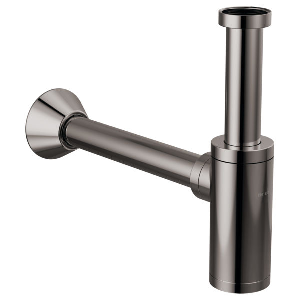 Stainless steel bottle trap with cylindrical body, wall-mounted flange, and curved outlet arm in brushed nickel finish.