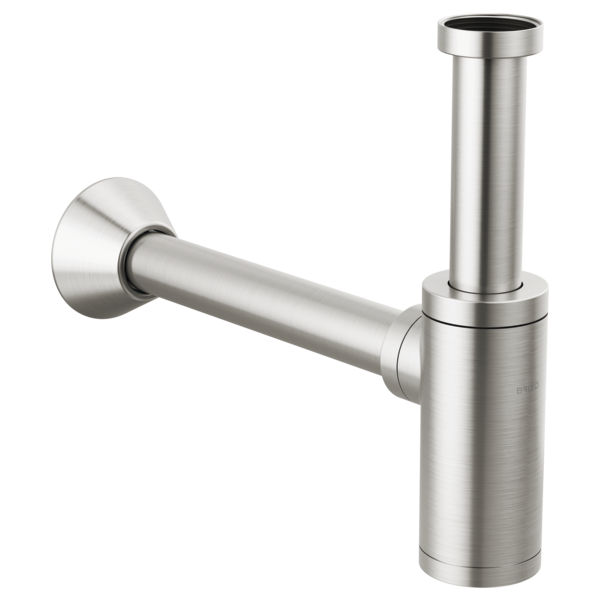 Brushed stainless steel bottle trap with cylindrical body, round flange base, and horizontal outlet connection.