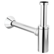 Polished chrome bottle trap with cylindrical body, wall-mounted flange, and vertical drain pipe connection.