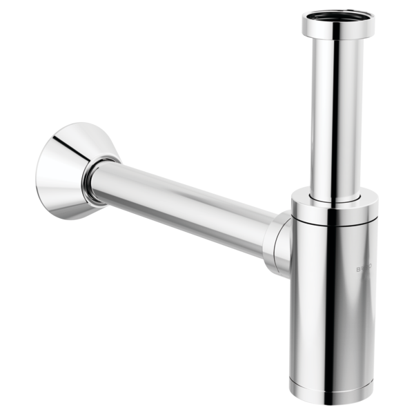 Polished chrome bottle trap with cylindrical body, wall-mounted flange, and vertical drain pipe connection.