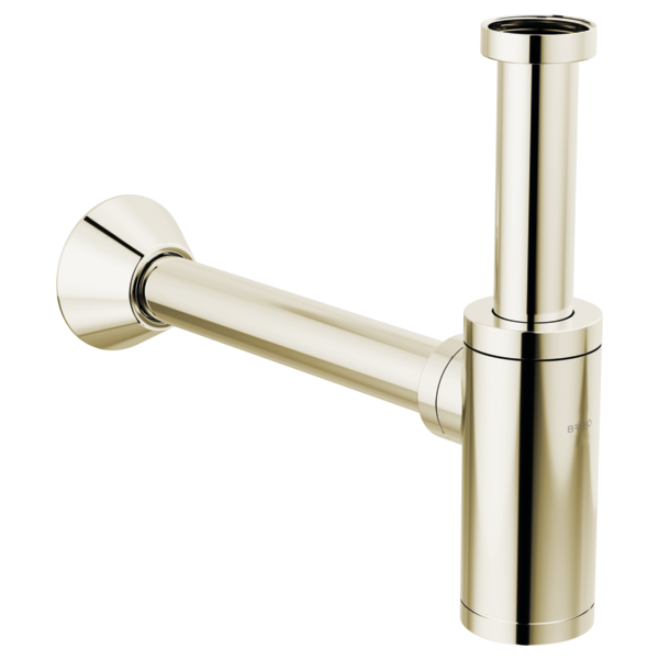 Polished nickel cylindrical bottle trap with circular flange and horizontal outlet pipe connection.