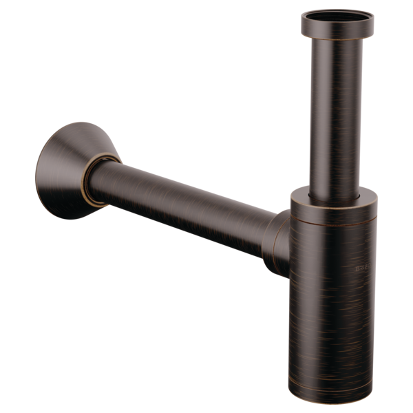 Oil-rubbed bronze P-trap pipe with wall-mounted flange and vertical drain outlet.