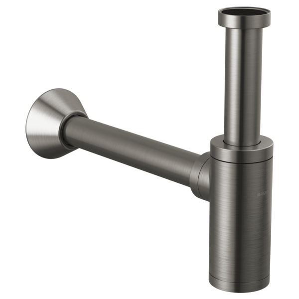Brushed nickel bottle trap with flange and horizontal outlet pipe for sink drainage.
