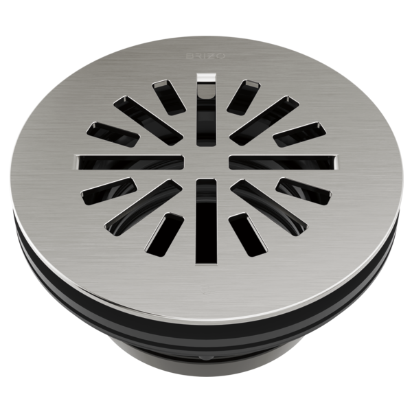 Round brushed nickel shower drain with radial slot pattern and black rubber ring seal.