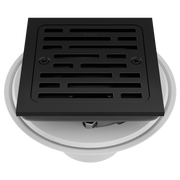 Square matte black shower drain with horizontal slat grate pattern and mounting flange, shown from above.