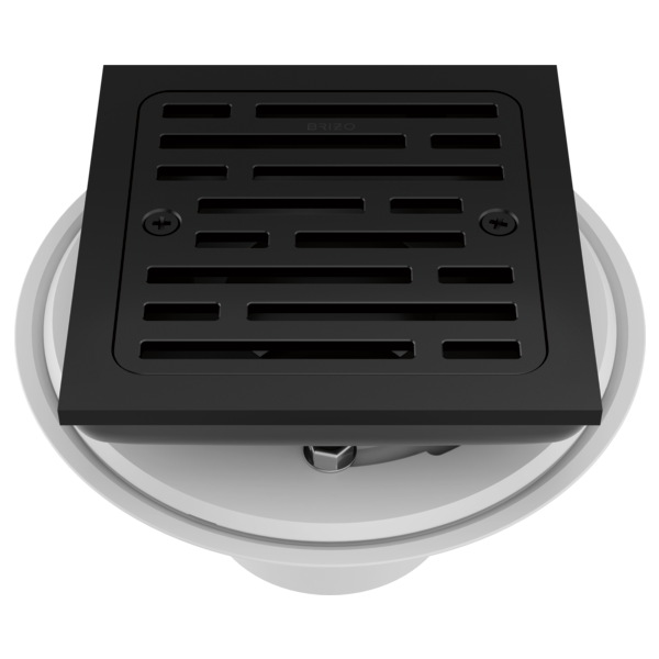 Square matte black shower drain with horizontal slat grate pattern and mounting flange, shown from above.