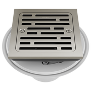 Square brushed nickel shower drain with linear grate pattern and mounting flange, shown from above.