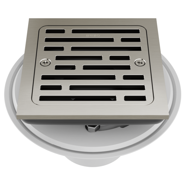 Square brushed nickel shower drain with linear grate pattern and mounting flange, shown from above.