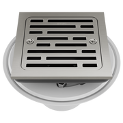 Square shower drain with horizontal slot grate in brushed nickel finish, shown from above with circular base collar.