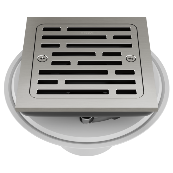 Square shower drain with horizontal slot grate in brushed nickel finish, shown from above with circular base collar.