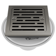 Square shower drain with steel grate featuring horizontal slot pattern and two mounting screws, circular white collar base vi