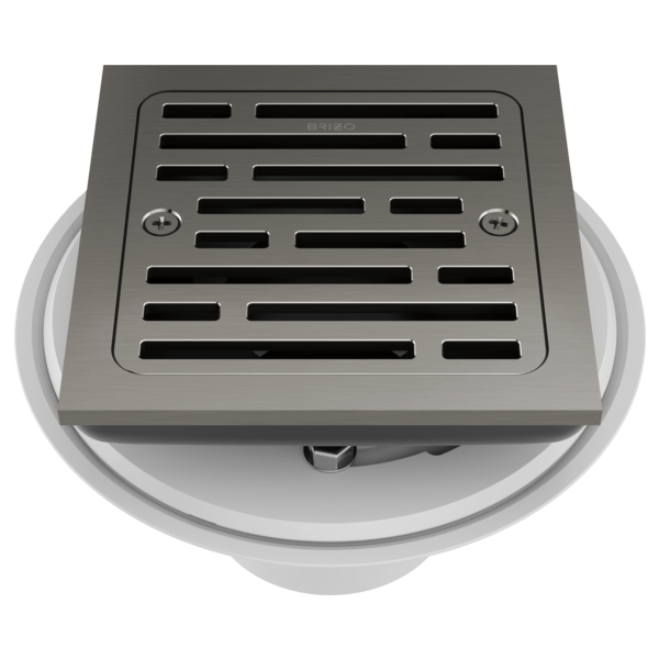 Square shower drain with steel grate featuring horizontal slot pattern and two mounting screws, circular white collar base vi