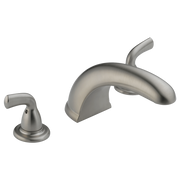 Brushed nickel Roman tub faucet trim with curved spout, matching hand shower, and single lever control handle.