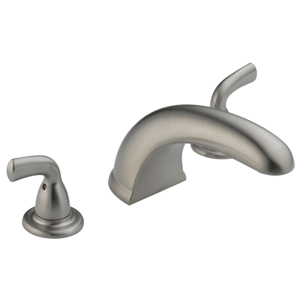 Brushed nickel Roman tub faucet trim with curved spout, matching hand shower, and single lever control handle.