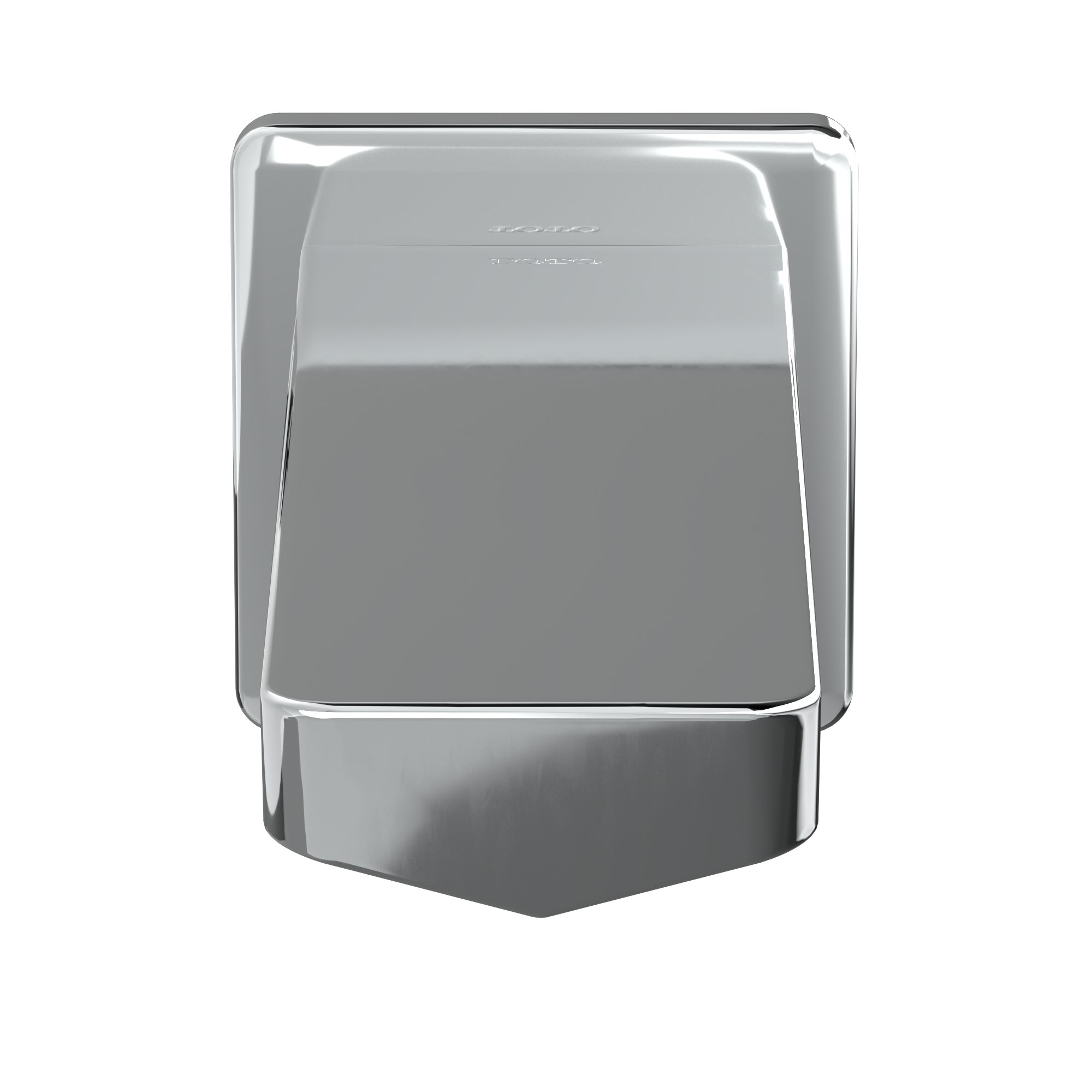 Polished chrome wall-mounted tub spout with curved rectangular body and tapered base.