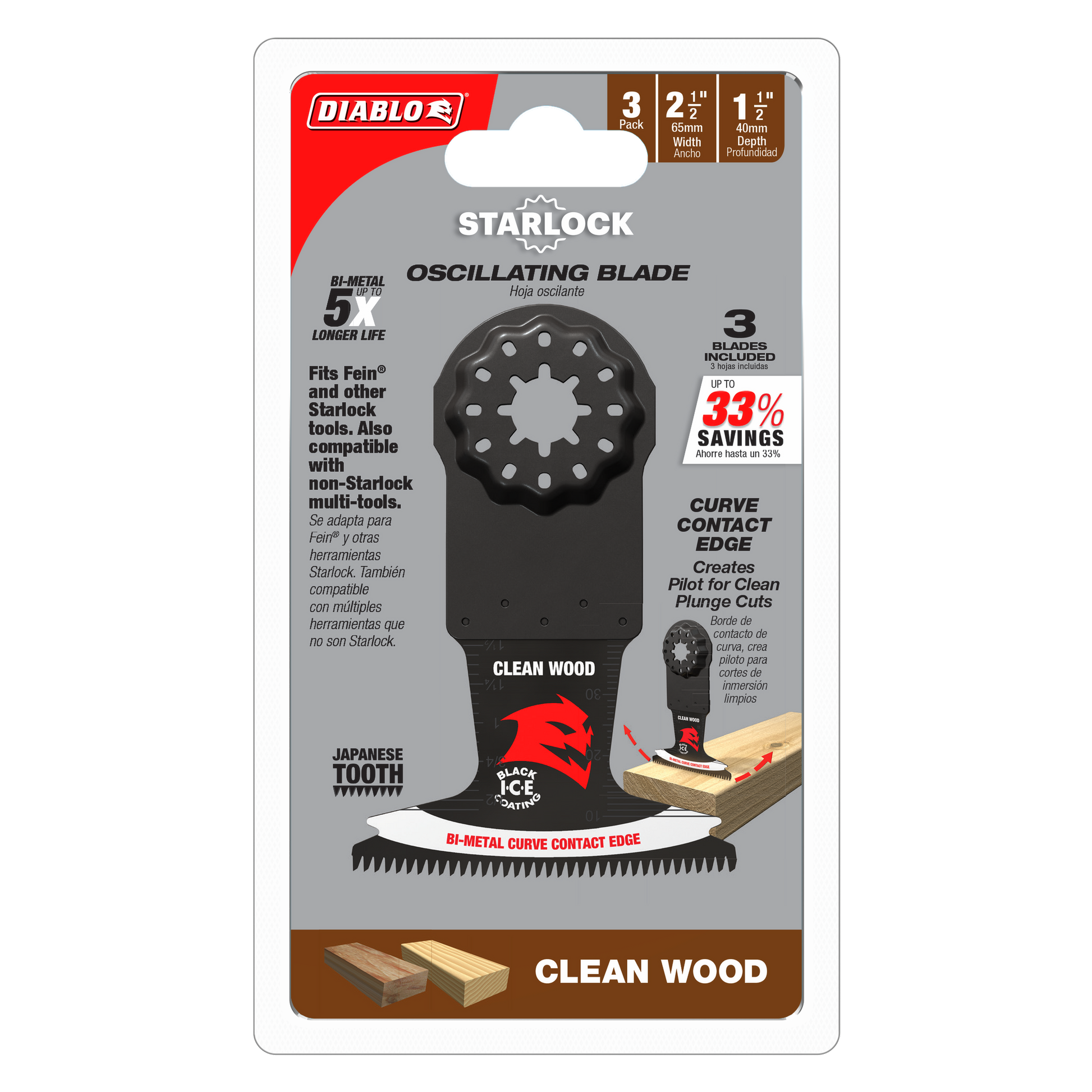 Three-pack of 2.5 inch Diablo bi-metal oscillating blades with Starlock connection for wood cutting.