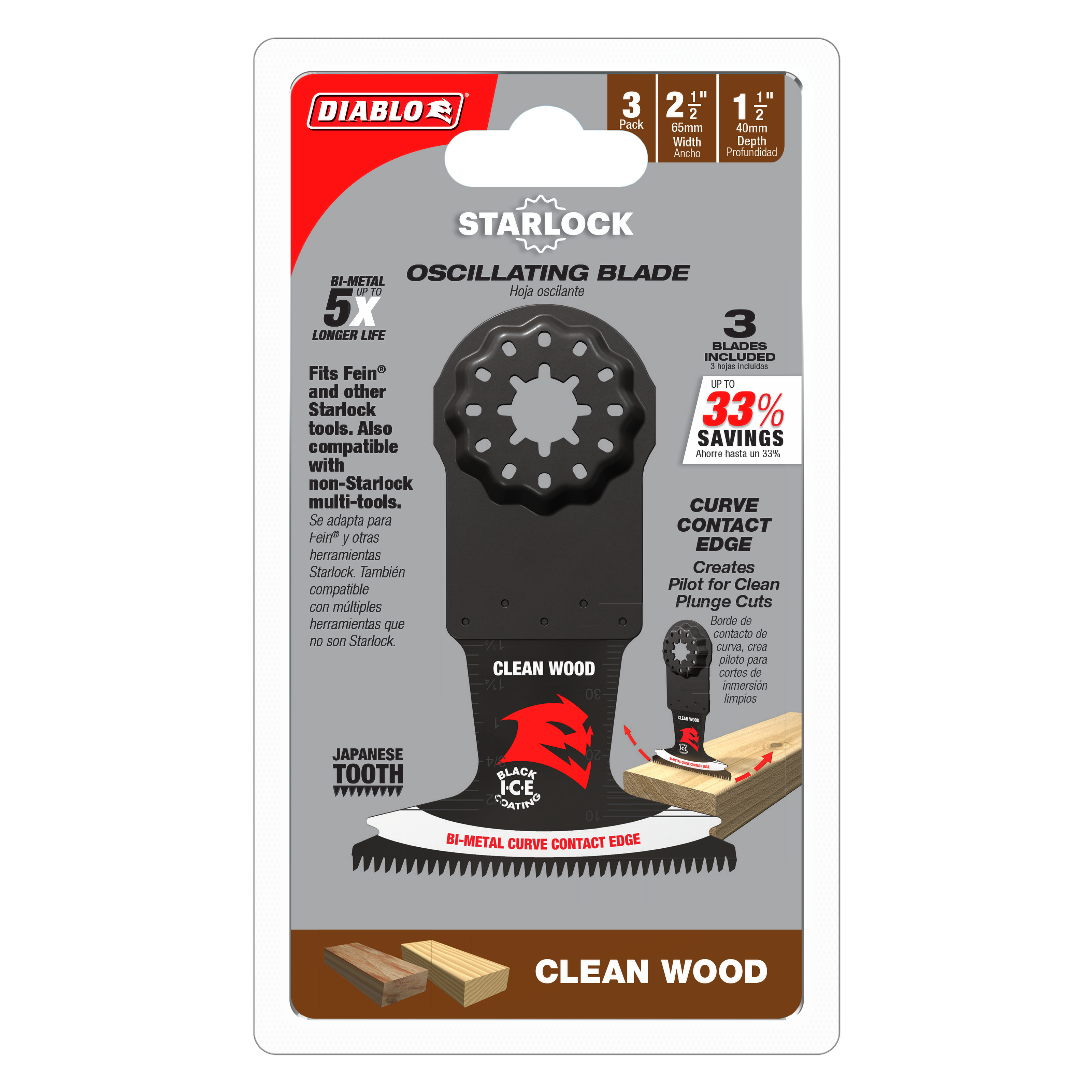 Three-pack of 2.5 inch Diablo bi-metal oscillating blades with Starlock connection for wood cutting.