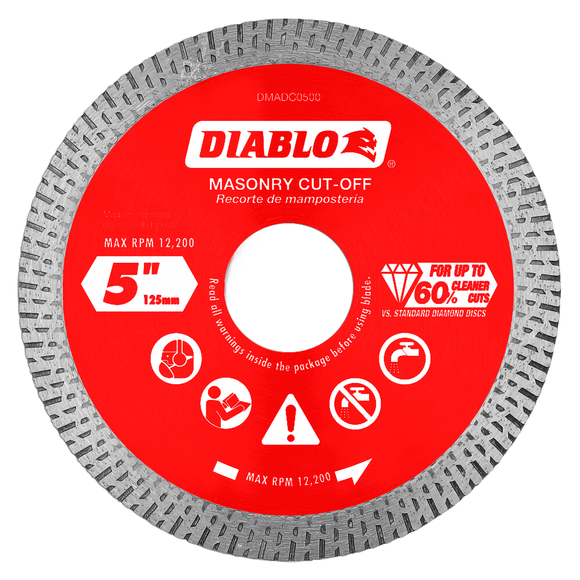 5 inch diamond continuous rim cutting disc with gray serrated edge and red center label marked Diablo masonry cut-off.