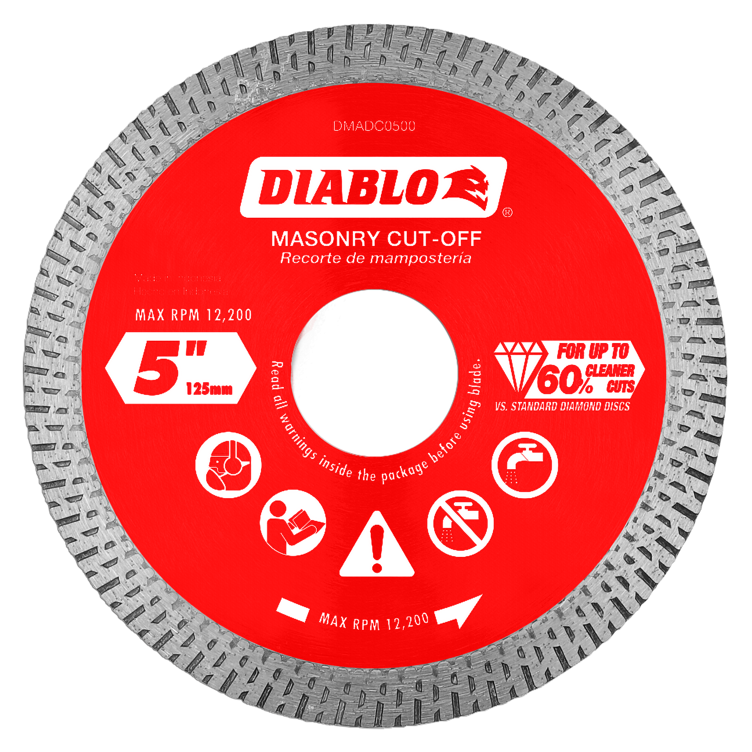 5 inch diamond continuous rim cutting disc with gray serrated edge and red center label marked Diablo masonry cut-off.