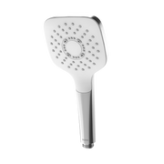 Polished chrome square handshower with multiple spray nozzles and cylindrical handle.