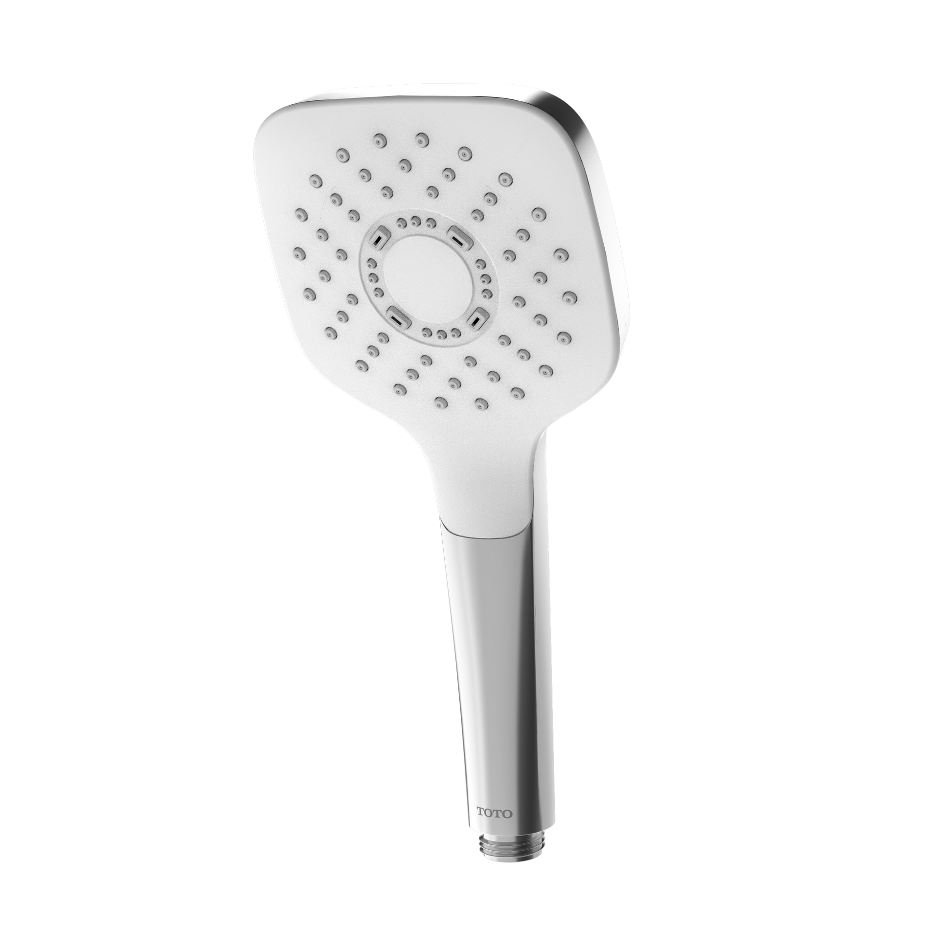Polished chrome square handshower with multiple spray nozzles and cylindrical handle.