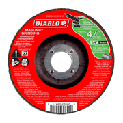Diablo 4-1/2 inch masonry grinding disc with red label, gray center arbor, and dark abrasive surface for angle grinders.