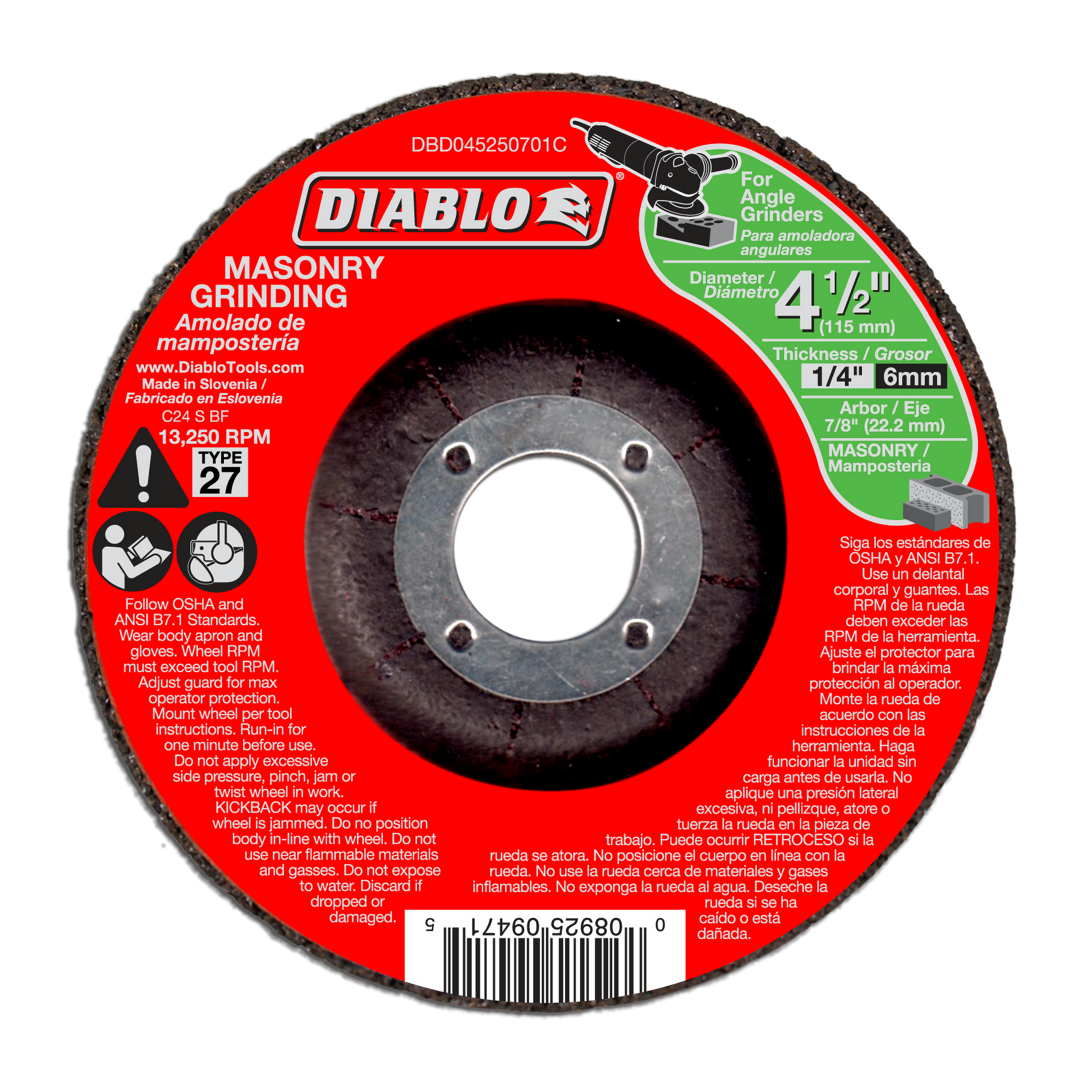Diablo 4-1/2 inch masonry grinding disc with red label, gray center arbor, and dark abrasive surface for angle grinders.