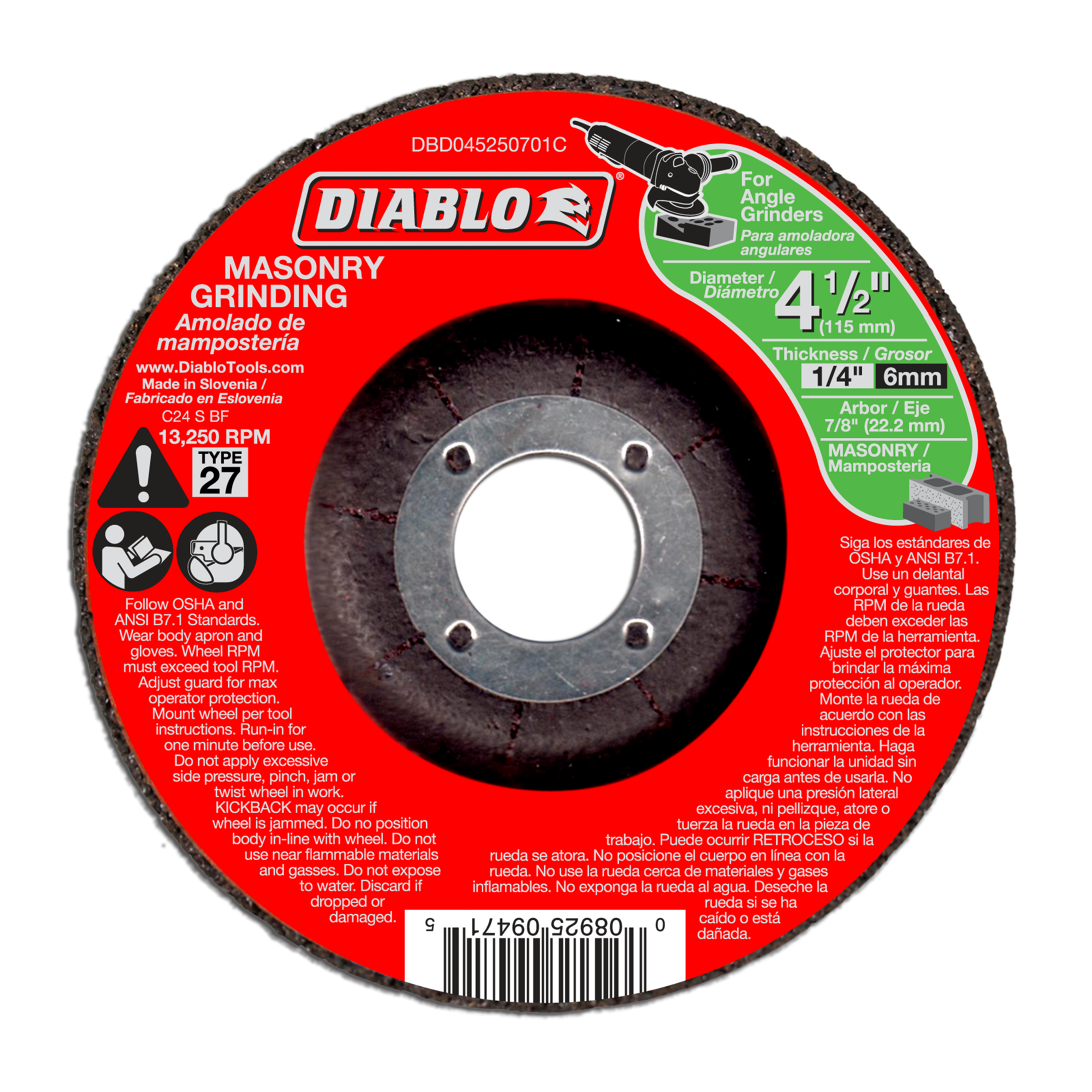 Diablo 4-1/2 inch masonry grinding disc with red label, gray center arbor, and dark abrasive surface for angle grinders.
