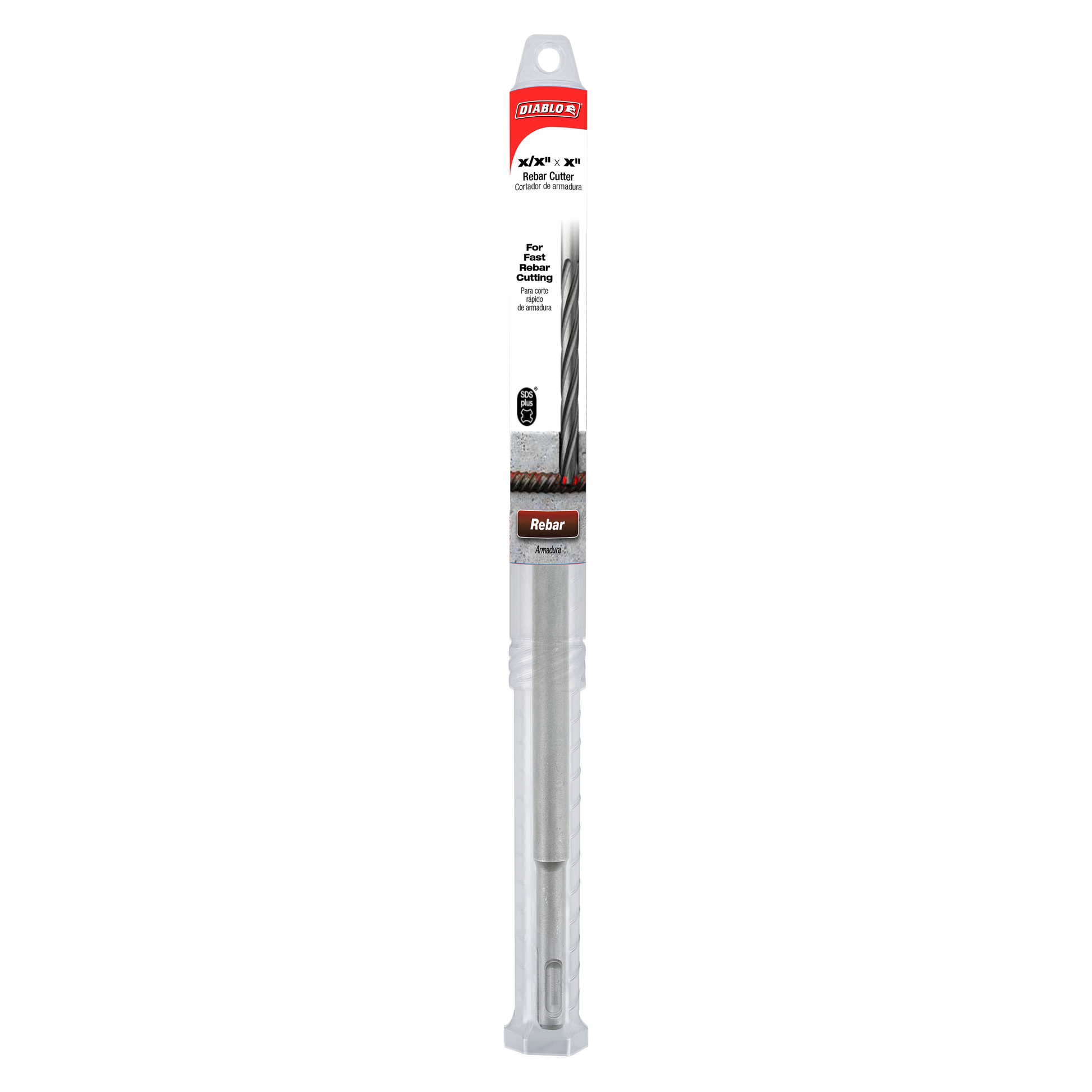 Diablo SDS-Plus rebar cutter bit with red and white packaging, 5/8 inch by 12 inch size, displayed vertically.
