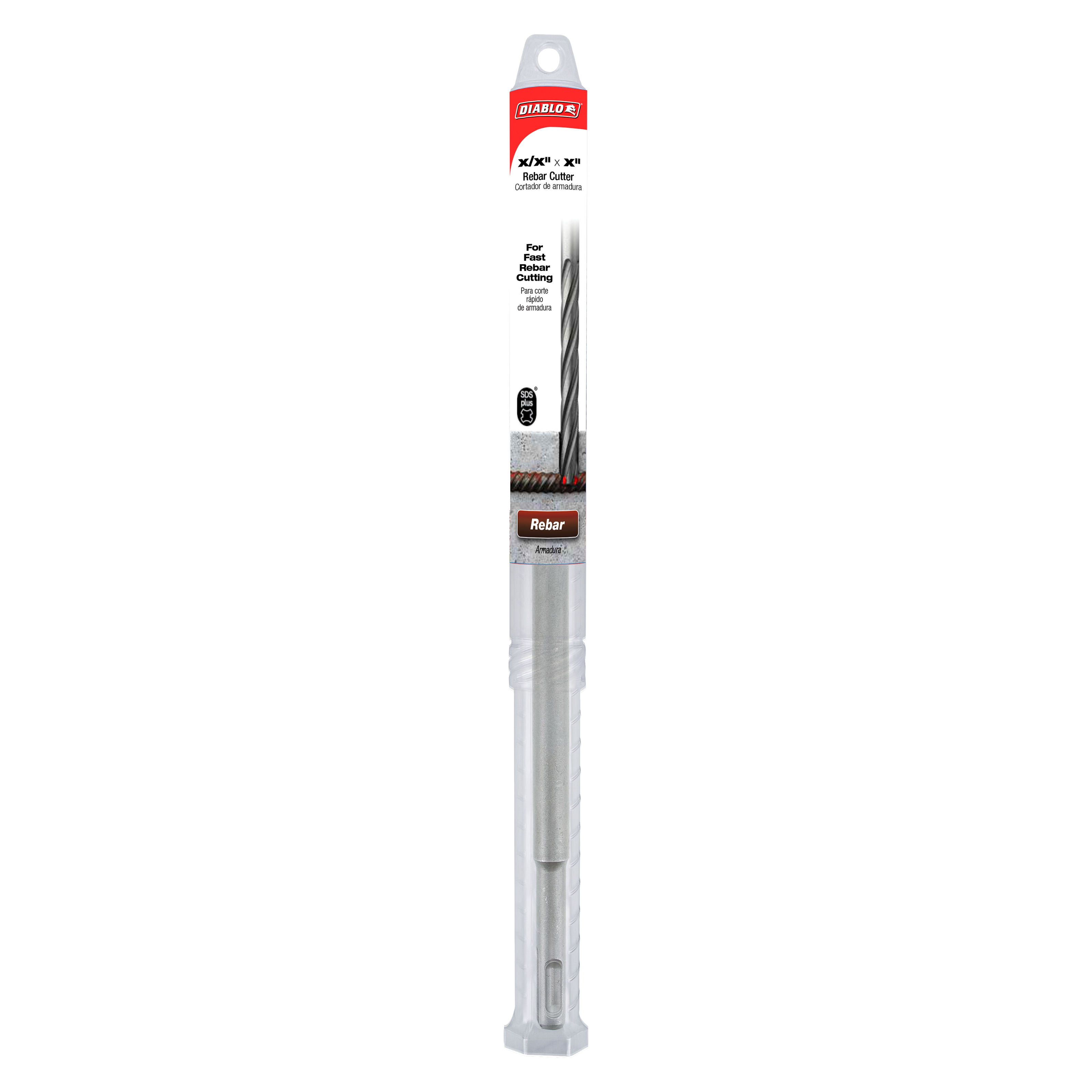 Diablo SDS-Plus rebar cutter bit with red and white packaging, 5/8 inch by 12 inch size, displayed vertically.