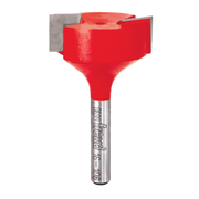 Red and silver router bit with flat cutting head and cylindrical shank labeled "Freud."