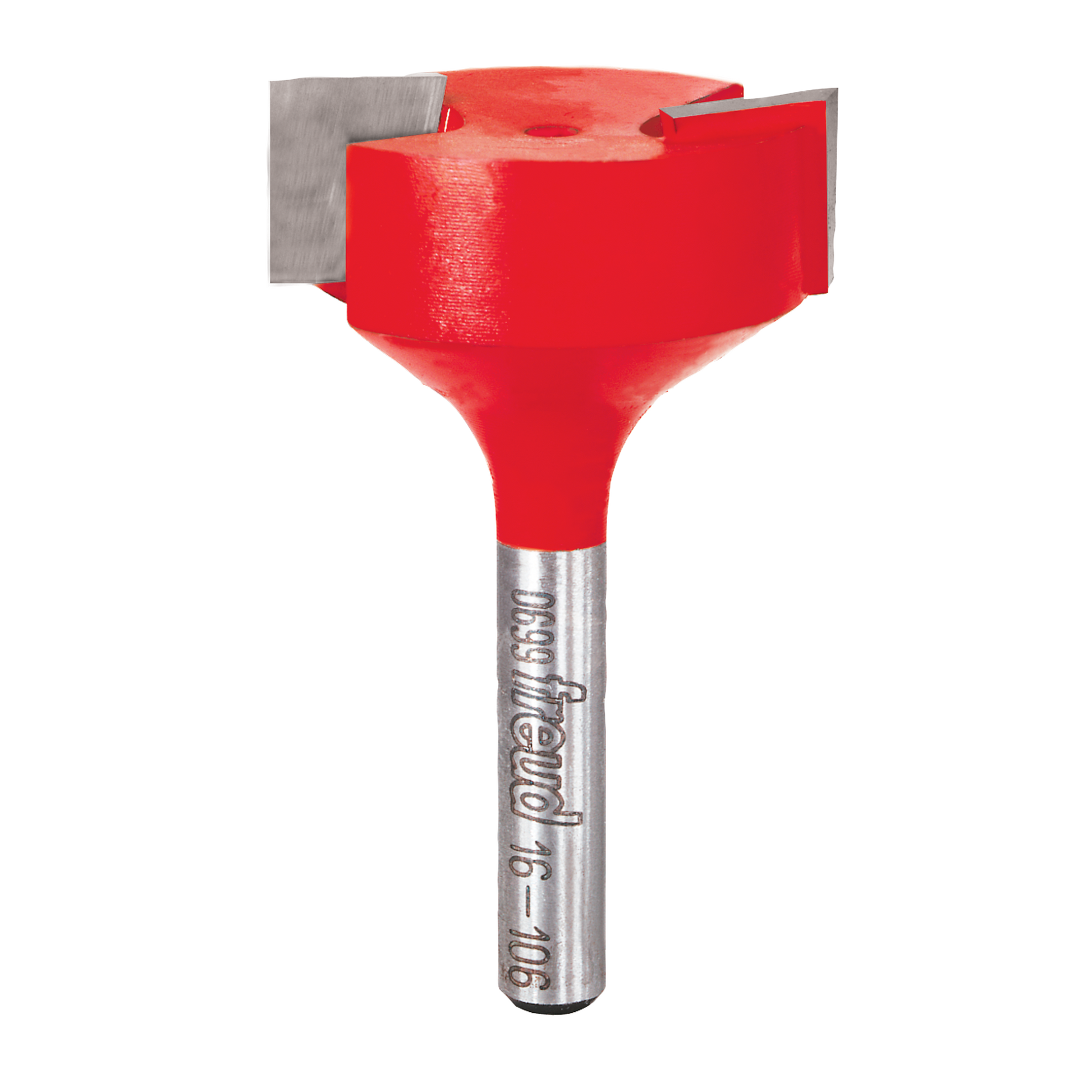 Red and silver router bit with flat cutting head and cylindrical shank labeled "Freud."