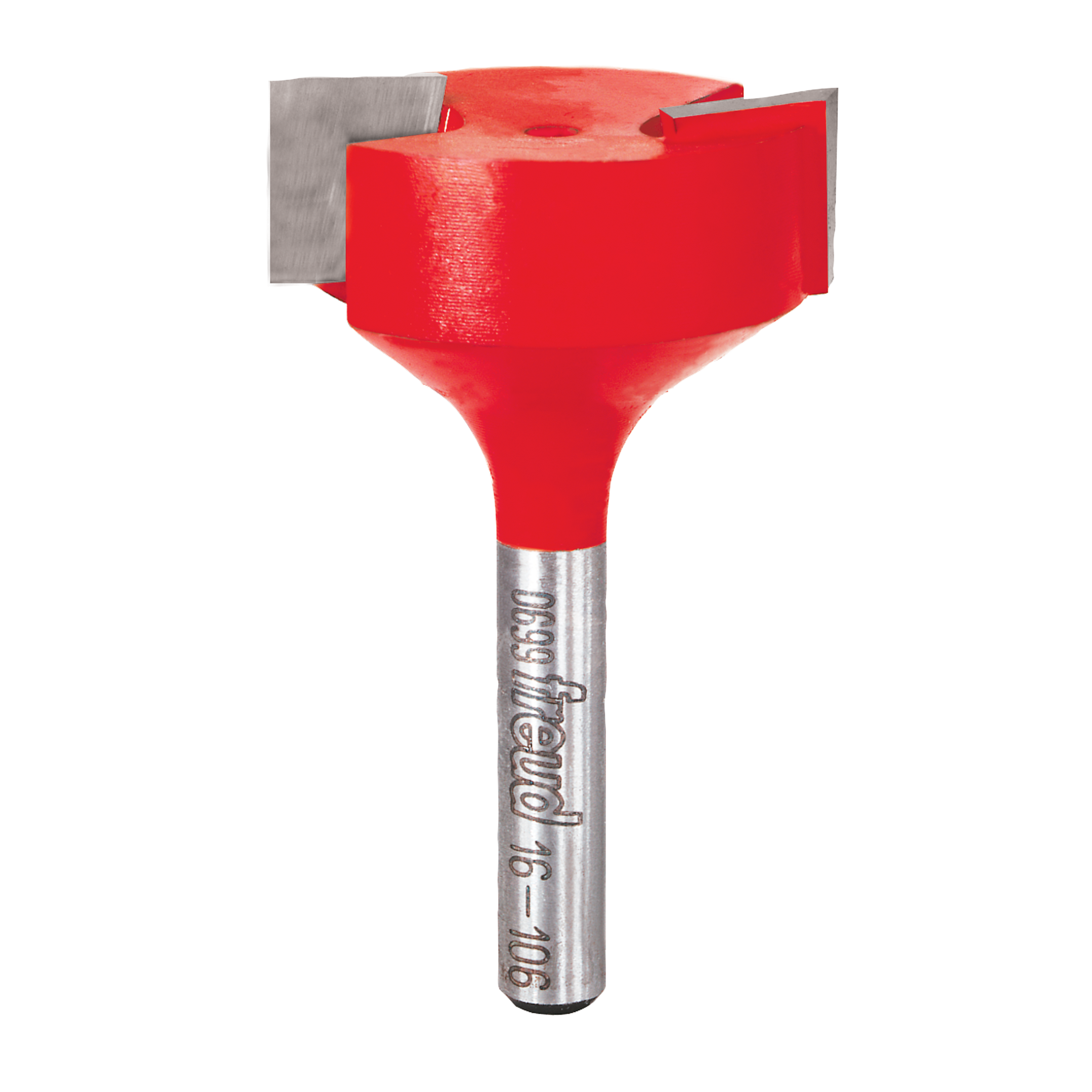 Red and silver router bit with flat cutting head and cylindrical shank labeled "Freud."