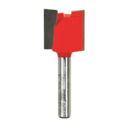 Red and black double flute straight router bit with metal shank and cutting edges.