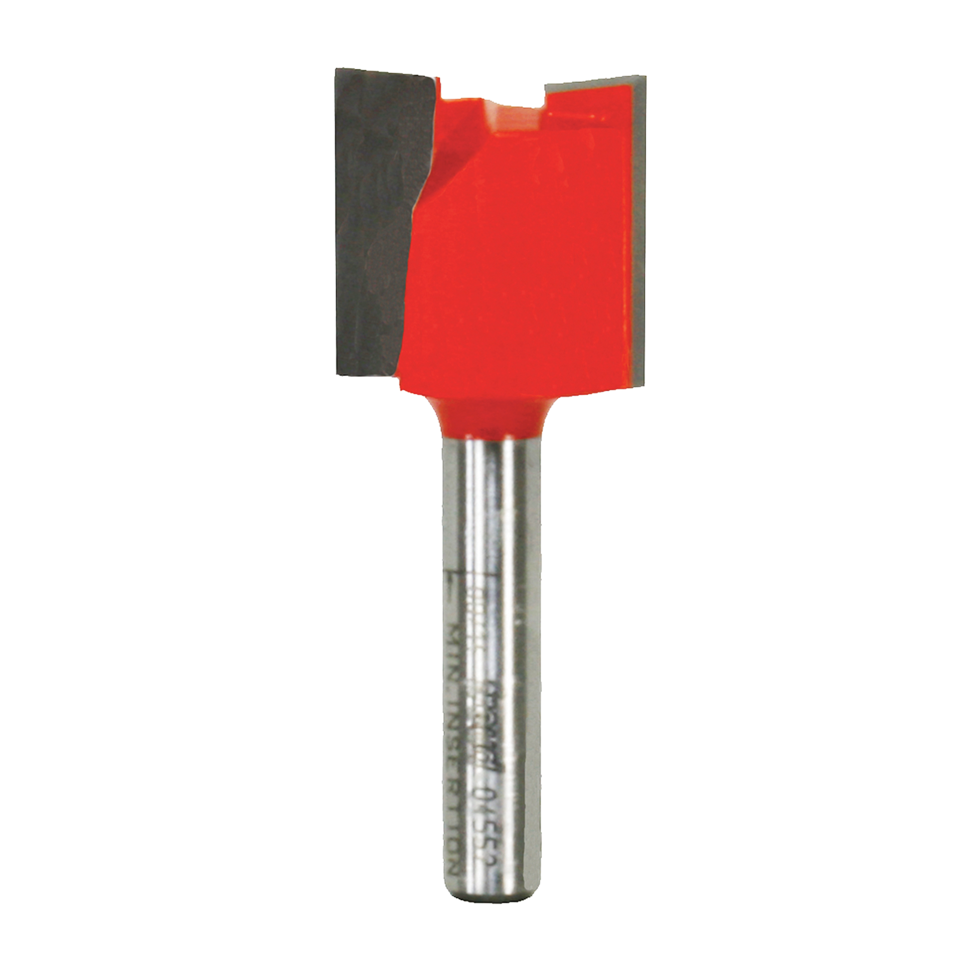 Red and black double flute straight router bit with metal shank and cutting edges.