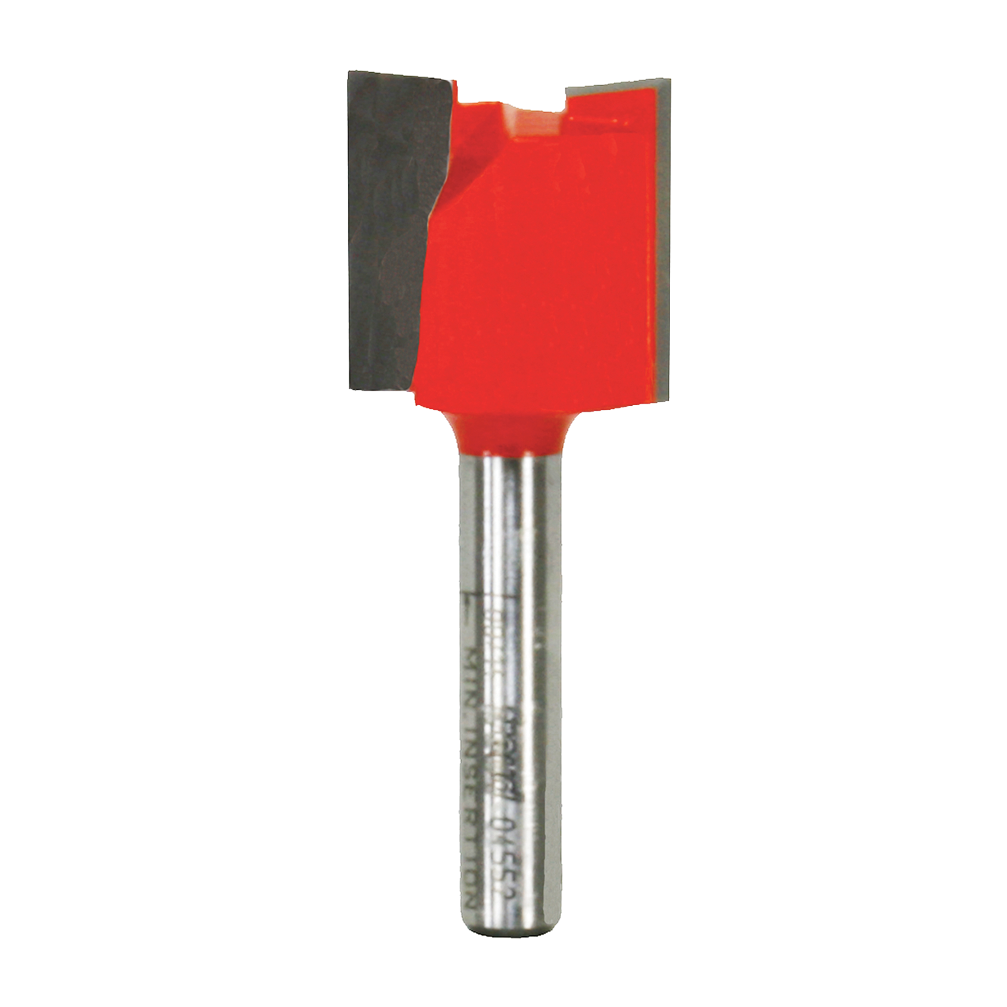 Red and black double flute straight router bit with metal shank and cutting edges.