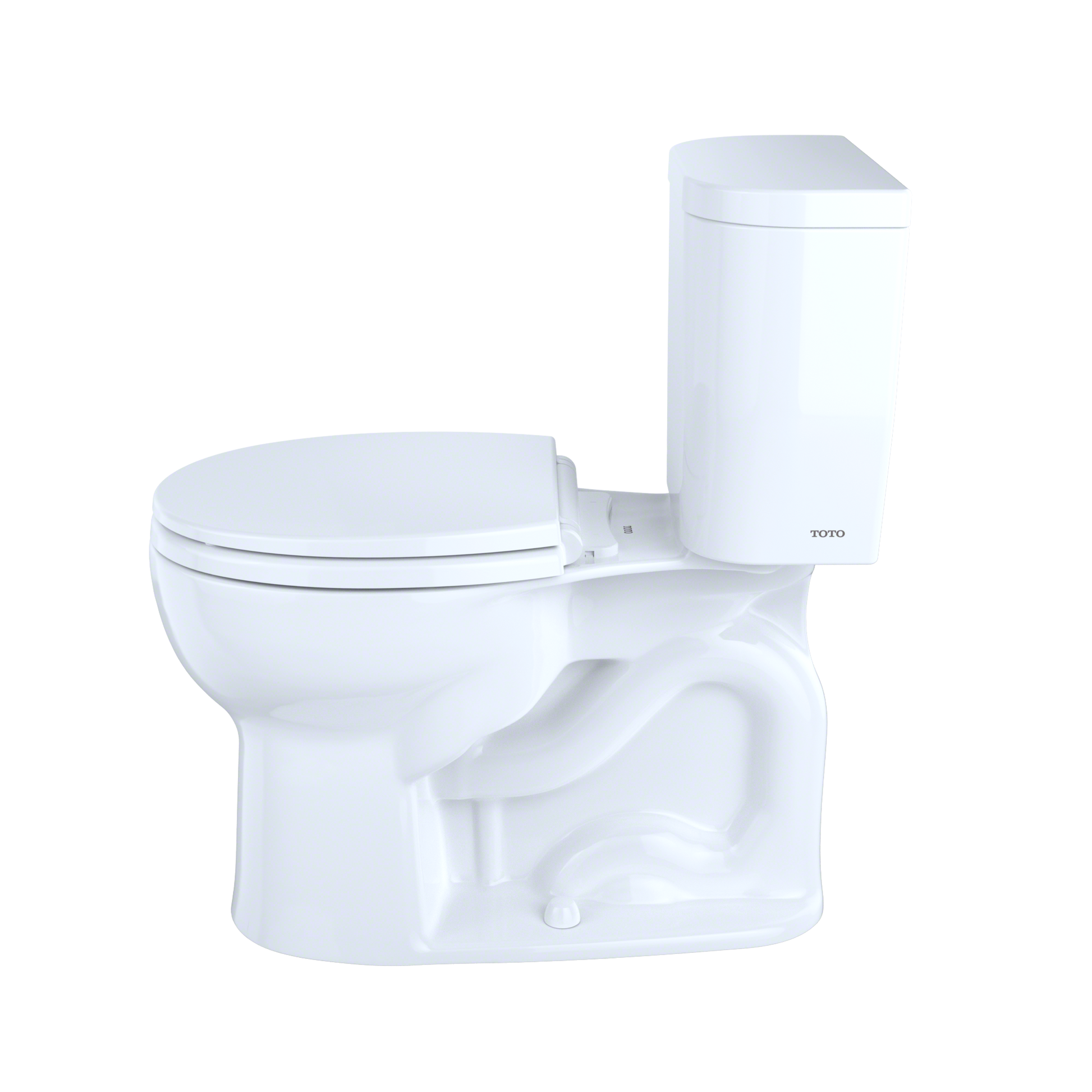 White two-piece round toilet with closed lid and tank, shown without seat.