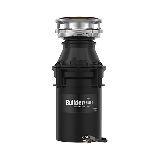 Black InSinkErator Builder Series food waste disposal unit with stainless steel top ring and power cord attached at base.